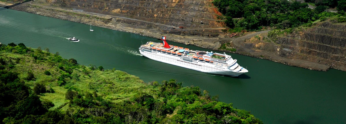 aerial view of a carnival cruise ship navigating the panama canal