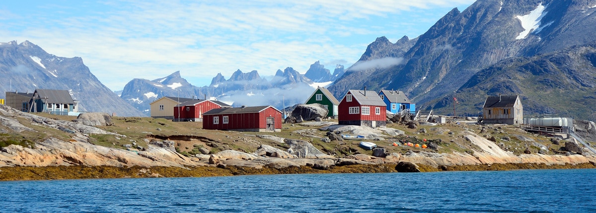 panoramic  view of a village with colorful houses in nanortalik, greenland