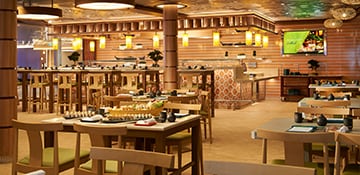 bonsai sushi dining venue decorated with light brown shades and soft lights
