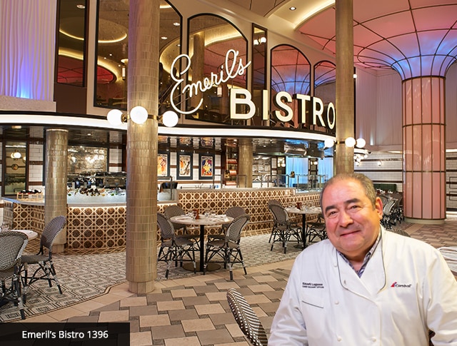chef emeril stands in front of the stylish emeril’s bistro 1396 restaurant