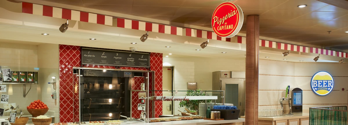 exterior view of pizzeria del capitano with red and white tiles