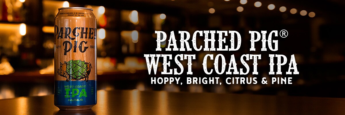 parched pig west coast ipa beer with parched pig west coast ipa logo and words hoppy, bright, citrus and pine 