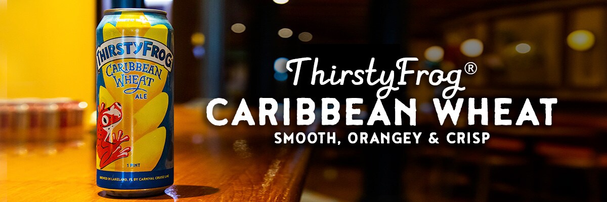 thirstyfrog caribbean wheat beer with thirstyfrog caribbean wheat logo and words smooth, organey, and crisp