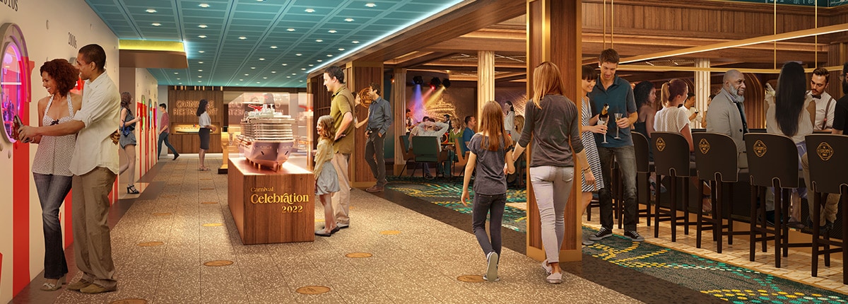 digital rendering of guests admiring a ship replica and carnival's history