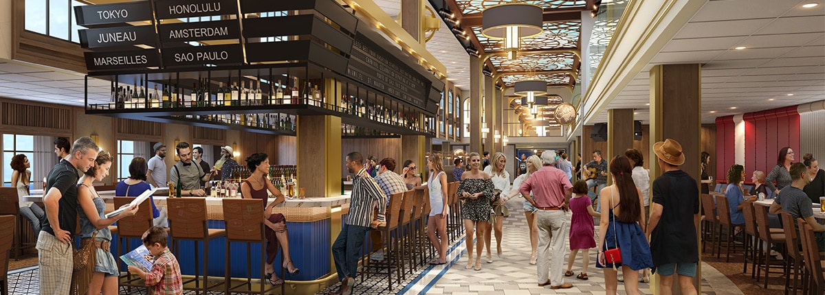digital rendering of guests in the gateway zone and at the latitudes bar