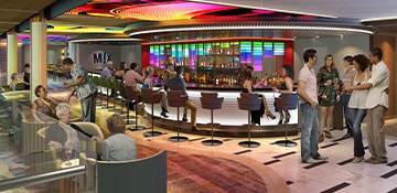guests stand in a circle at the mix bar while chatting onboard carnival festivale