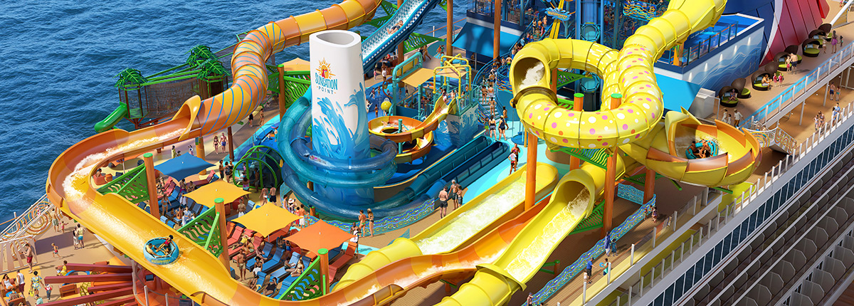 guests slides down a yellow waterslide onboard the carnival festivale