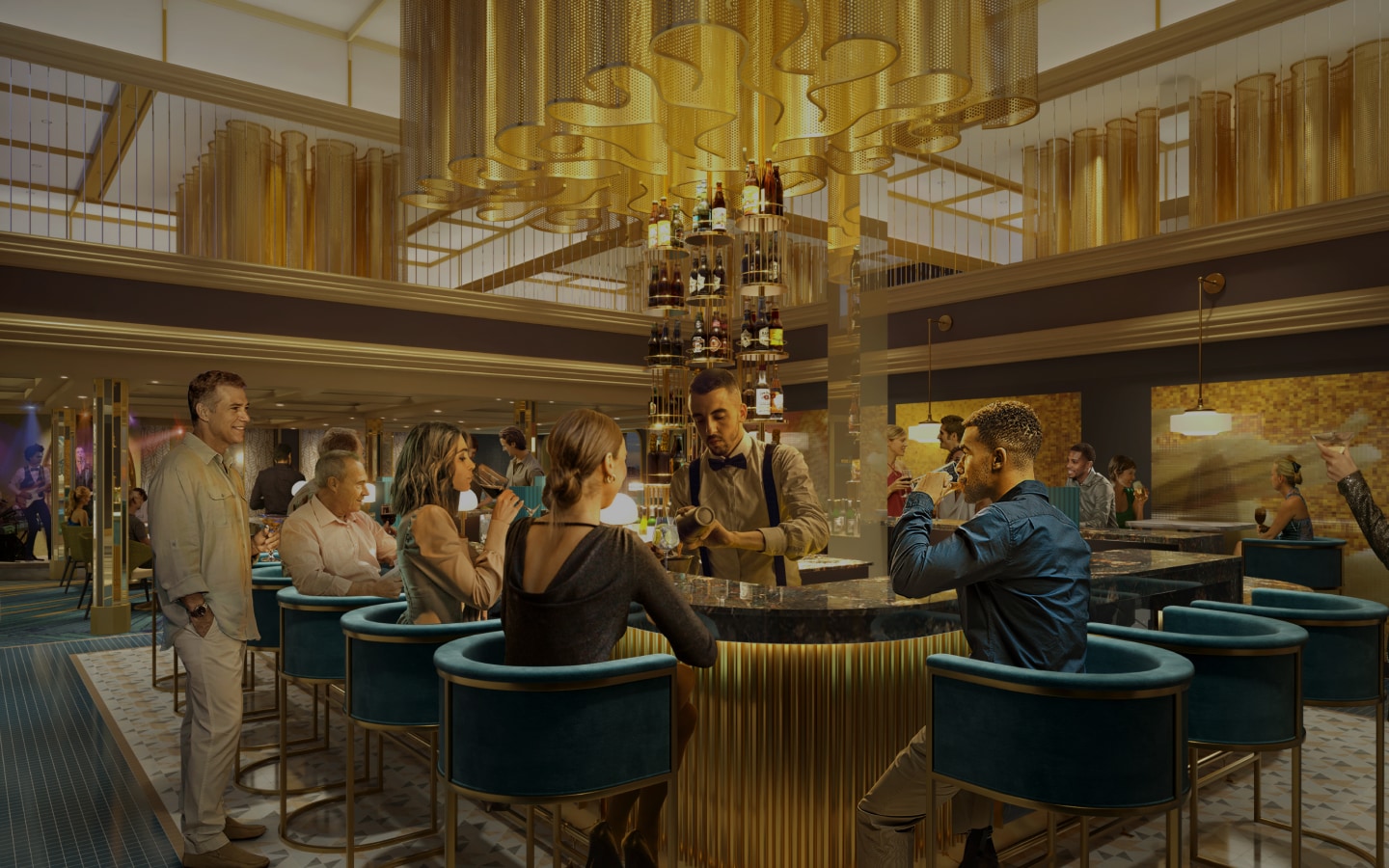 a digital rendering of guests drinking cocktails at the golden mermaid