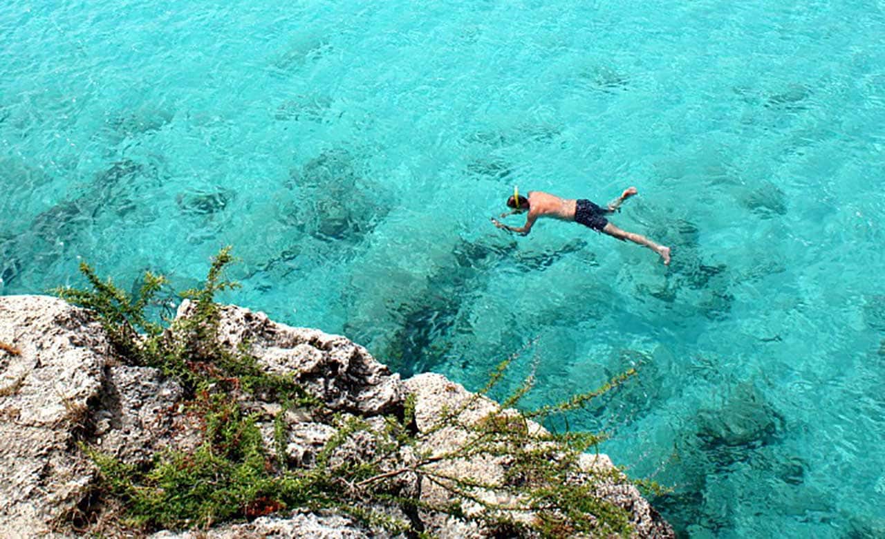 A man floating with his head in the water, snorkeling
