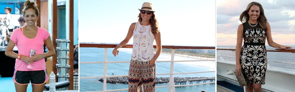 A woman in three stylish outfits on the ship's deck