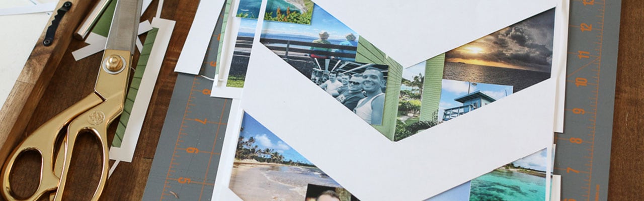 A photo collage is being made with scissors and a ruler grid