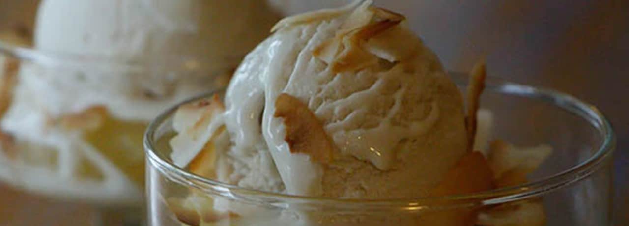 Close up of coconut rum ice cream with toasted coconut shavings