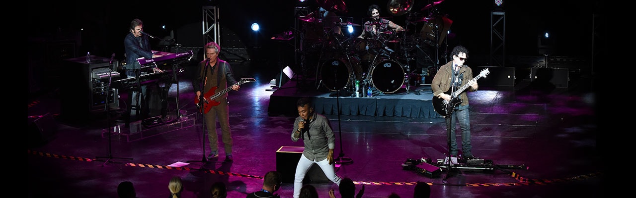 Band singer, bass, guitar, keyboard, drummer performing on stage