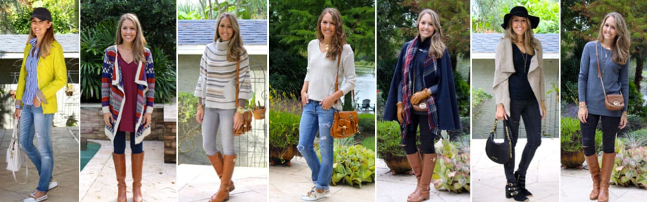 Collage of woman wearing seven different outfits