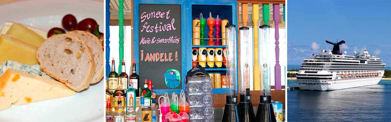 Banner with cheeses, colorful bar and a cruise ship docked