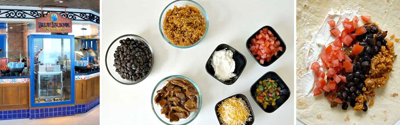 banner with images of Storefront of Blue Iguana Cantina bowls of burrito ingredients and unfolded burrito