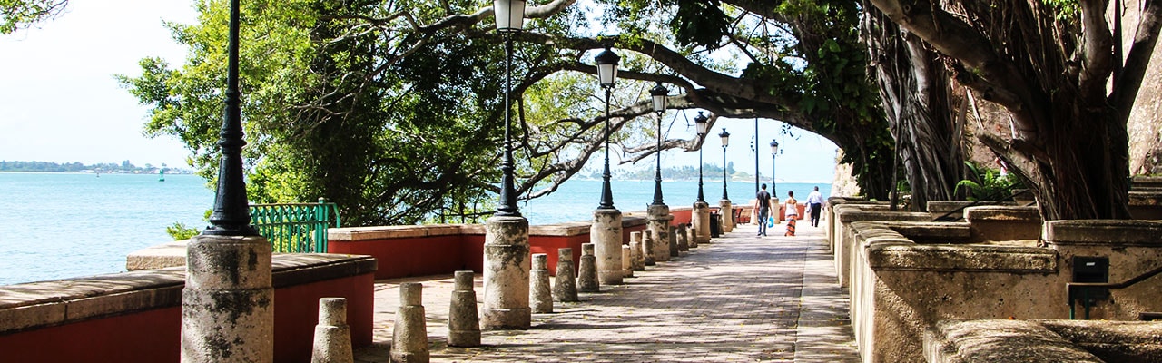 A side walk along the water with streetlamps and trees in san juan