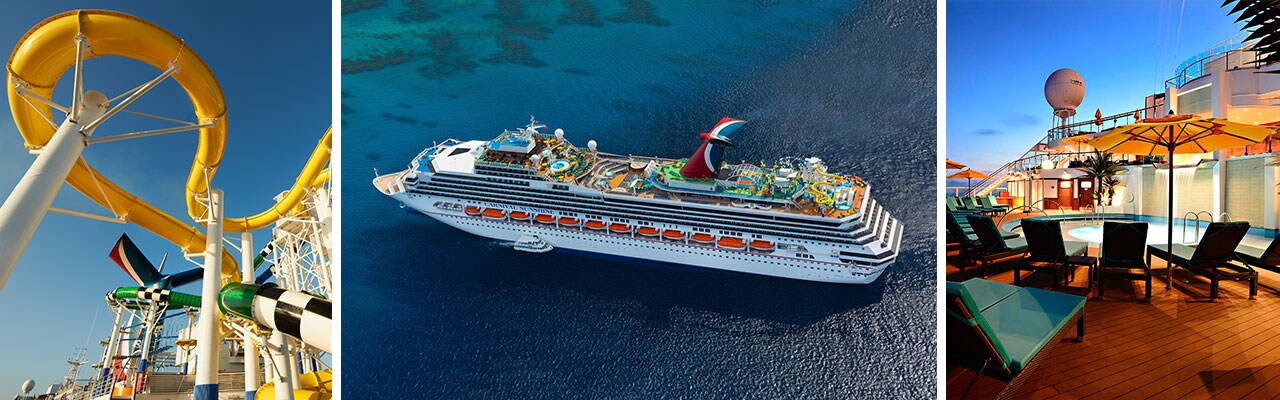 banner with images of yellow waterslide cruise ship out to sea and chairs and umbrella beside a pool