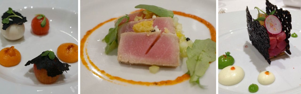 Three different images of different plates of sushi