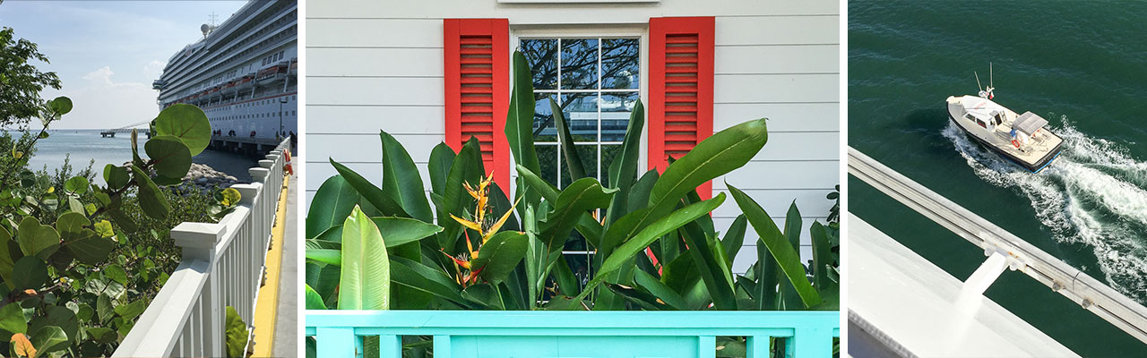 banner with images of sidewalk to ship greens in front of house window and fishing boat driving by