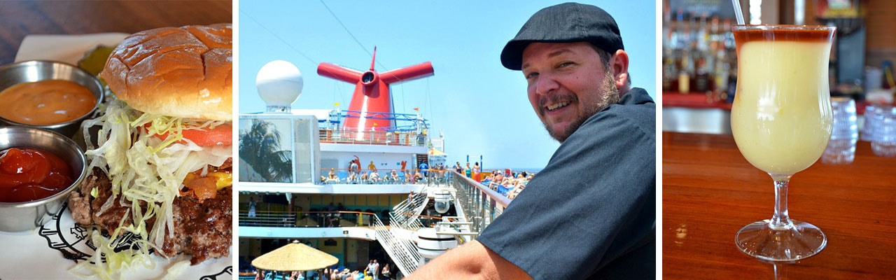 banner with images of burger on tray, man overlooking outdoor deck of carnival ship, drink on bar