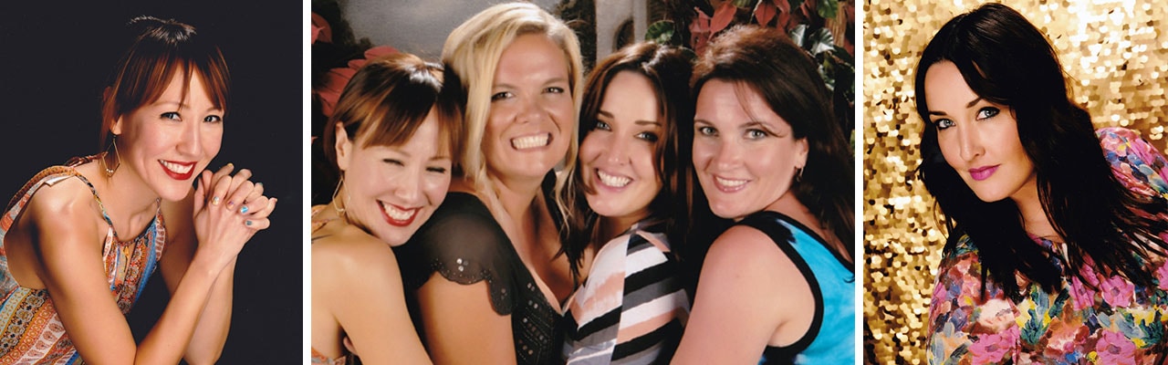 banner with images of headshot of woman folding hands four women hugging headshot of woman with gold background