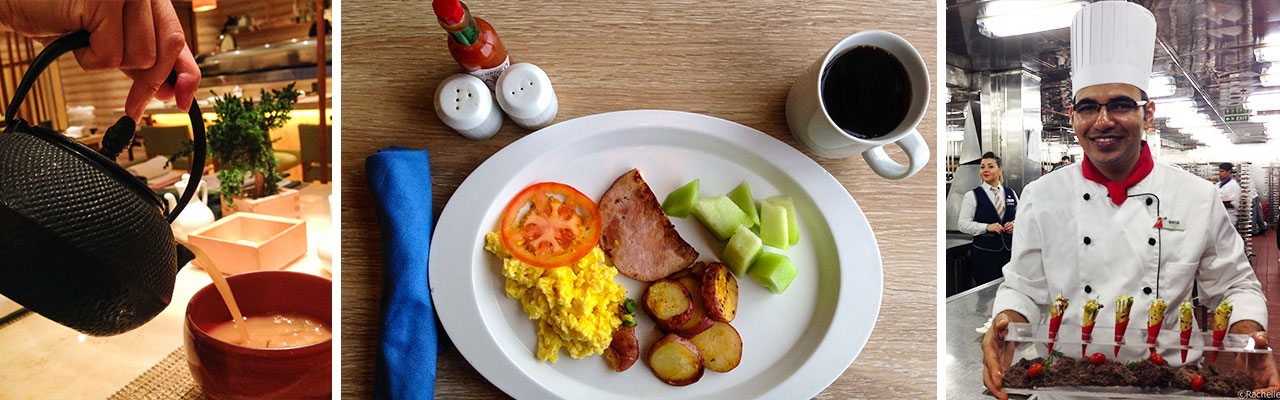 banner with images of kettle pouring soup into a bowl a plate with breakfast food chef holds appetizer