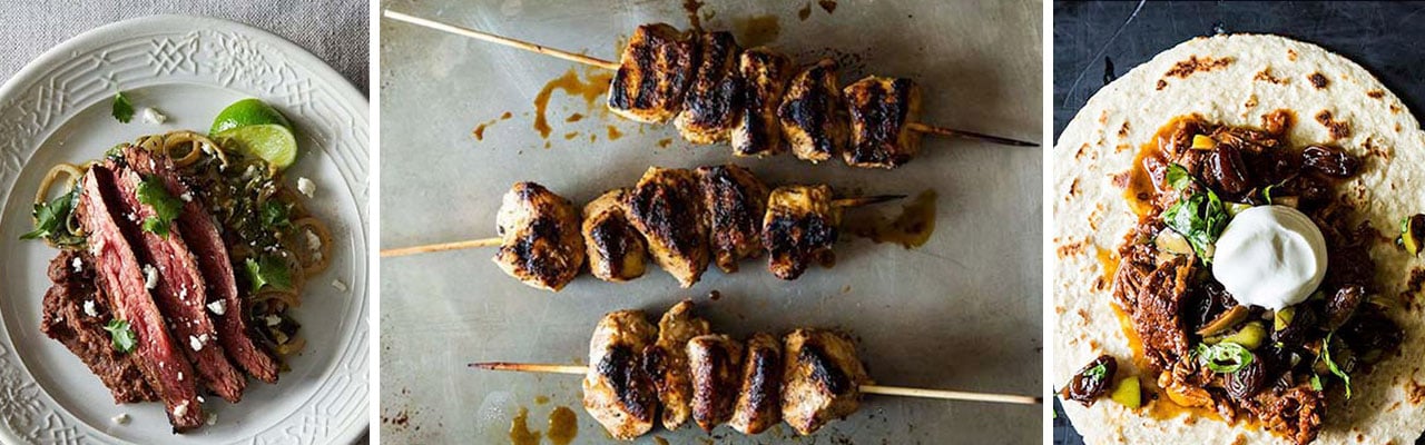 banner with images of slices of meat on a plate Three meat skewers open taco