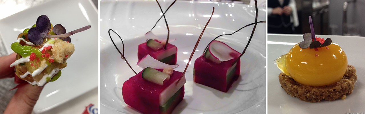 three images of hand holding gourmet food cone, purple-wrapped food cubes, small crumb crust with yellow sphere on top