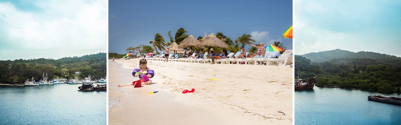 banner with images of boat-lined coast, girl playing in sand, coastline with broken wooden ship in sea