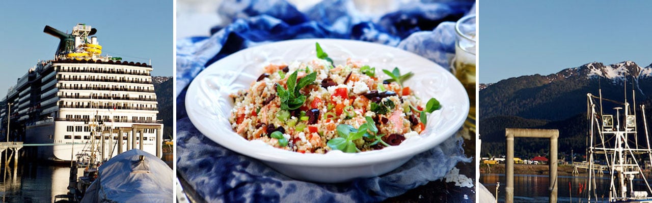 banner with images of the back of boat a Bowl filled with salmon, quinoa, more and mountain