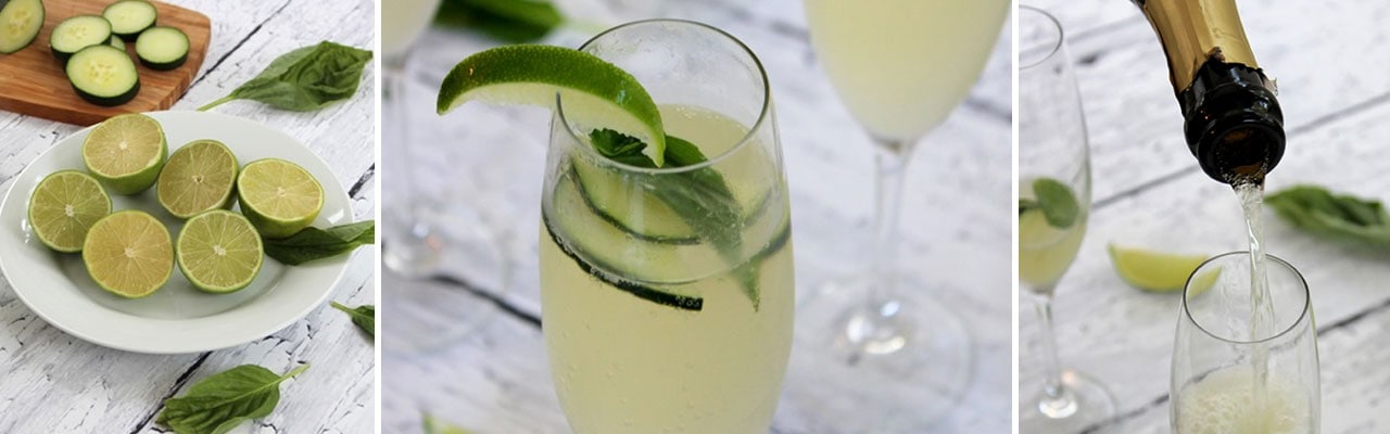 three images of lime halves on plate, champagne glass with lime garnish and champagne poured into glass