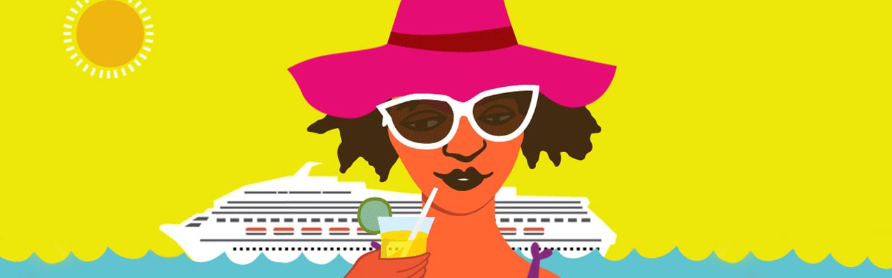 Cartoon image of woman holding drink in from of ship on water and yellow sky