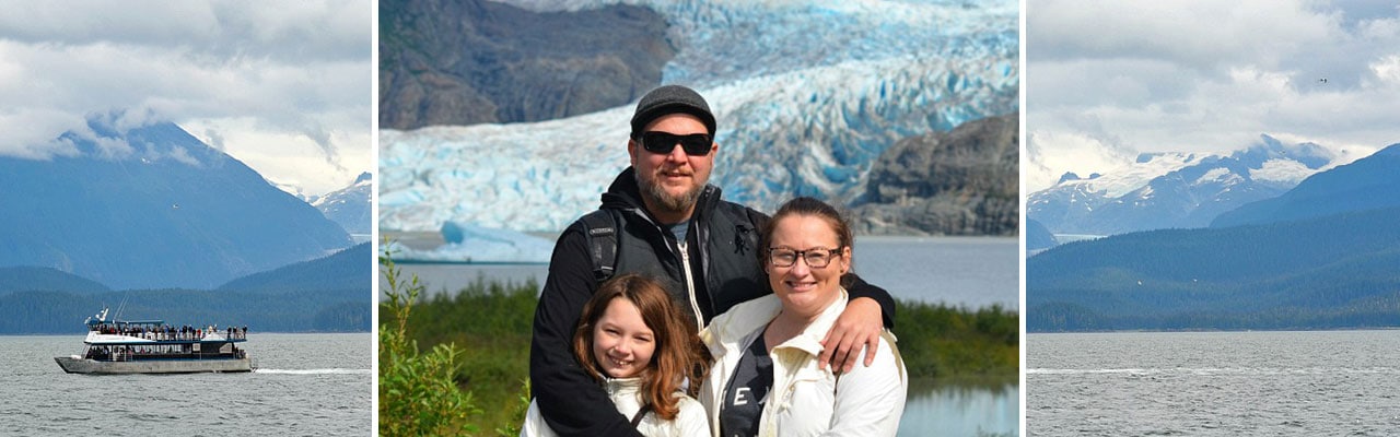 banner with images of a boat in water a Family in front of ice and mountain shoreline