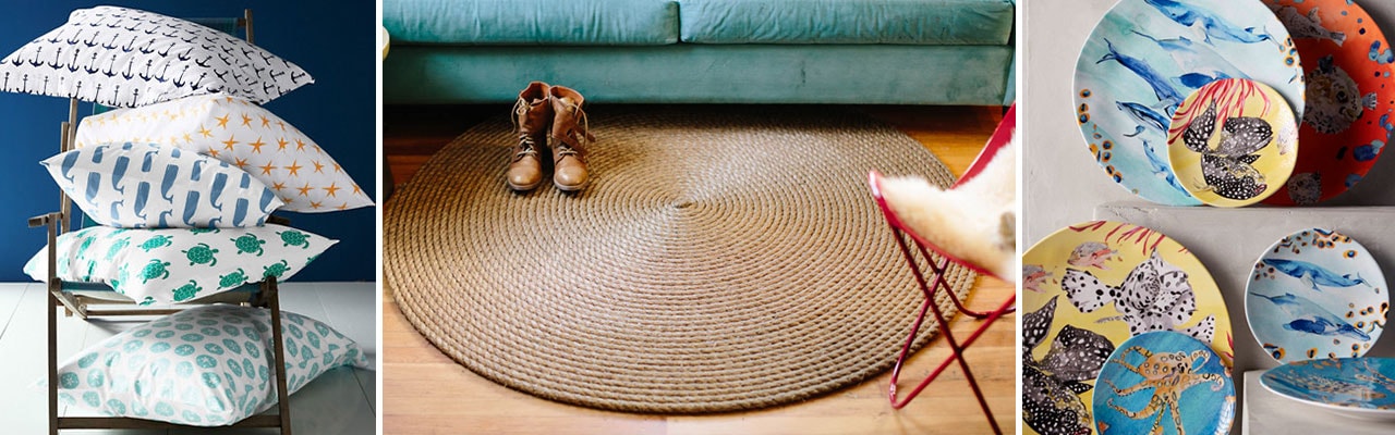 1) patterned pillows 2)boots on rug in living room 3)sea animals panted on plates