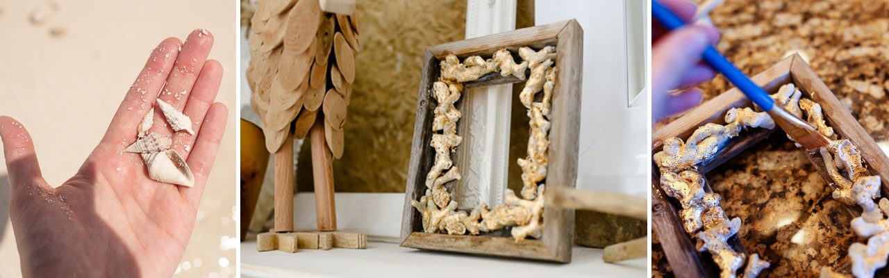 Banner with images of hand holding sea shell on beach Wooden frame outlined in seashells resting on mantel and hand with paintbrush on frame