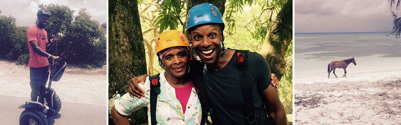 banner with images of man on Segway Older woman and Man in harnesses and horse on beach