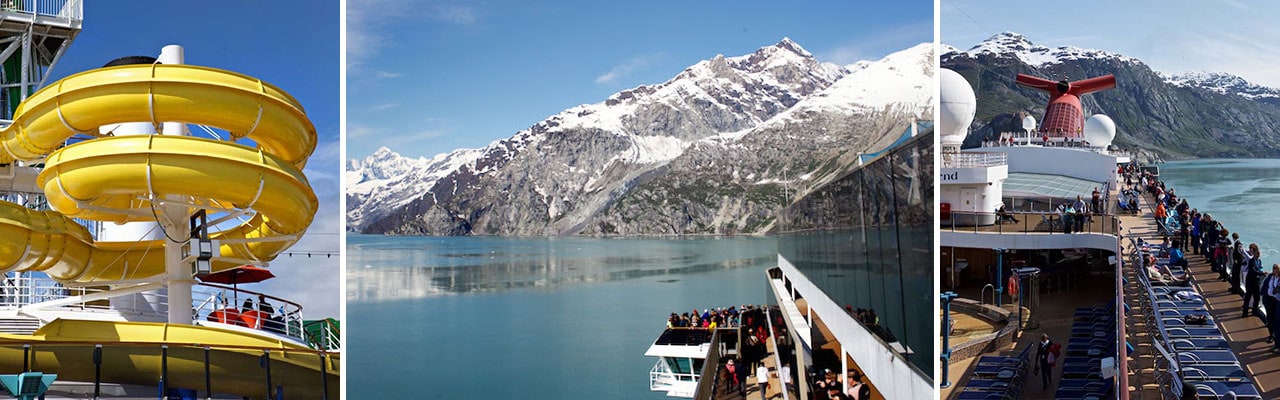 Banner with images of a yellow waterslide side of ship looking at snow-covered mountain and people lined along railing of ship looking at mountains
