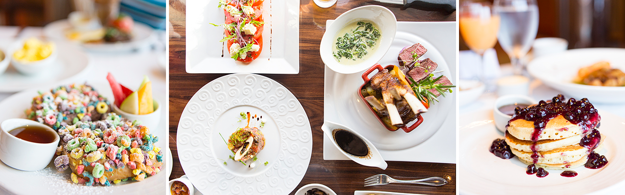 banner with images of cereal covered French toast, table with multiple dishes, pancakes with blueberry compote