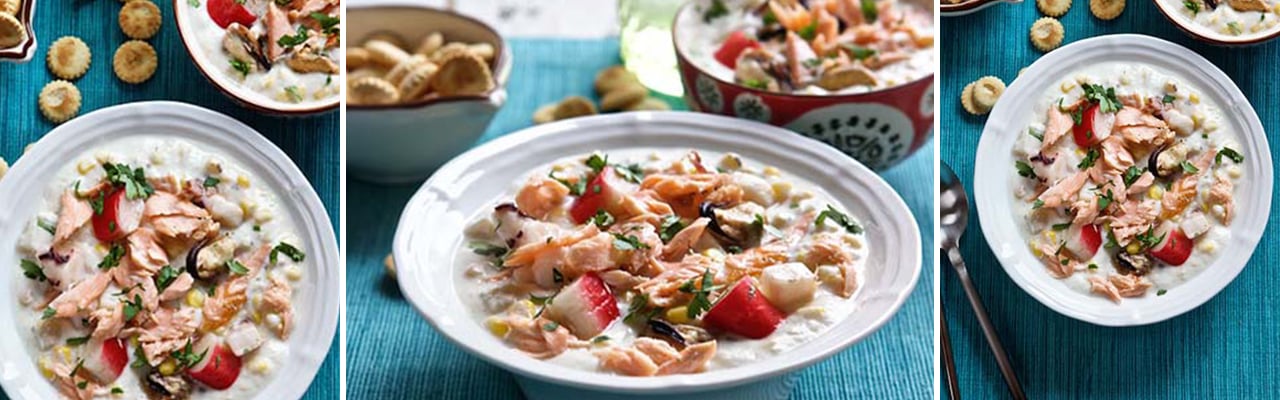 Three images of Two bowls of chunky soup/chowder and one bowl of small crackers