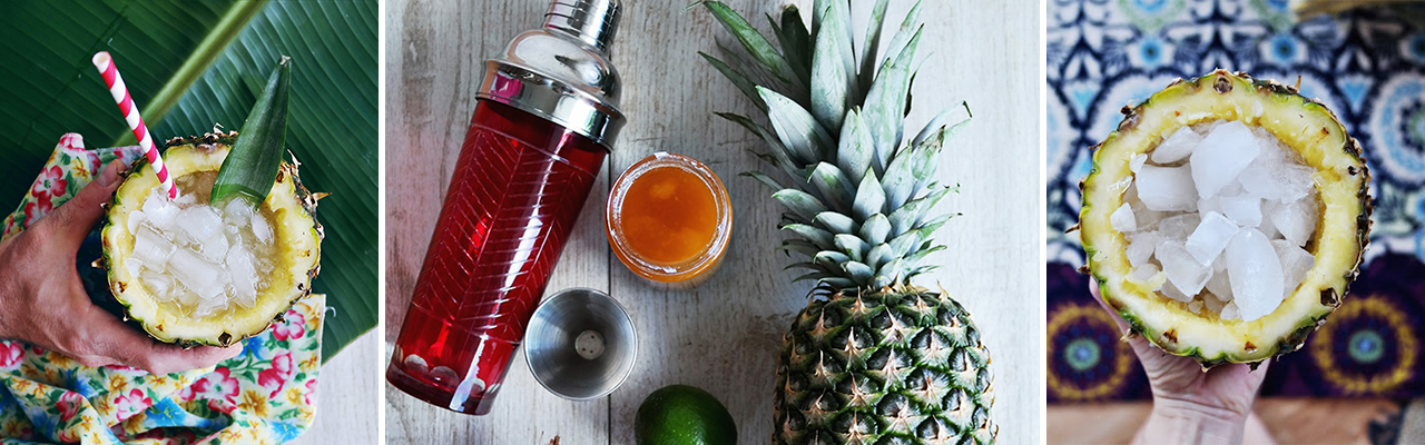 banner with images of hand holding drink in a pineapple; shaker and pineapple on table; and ice-filled pineapple