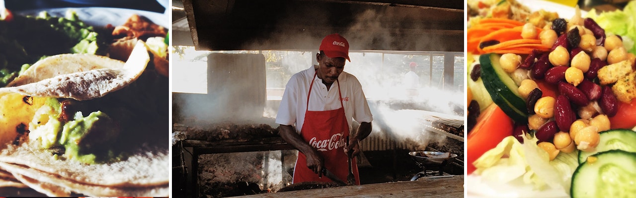 Banner with images of different dishes and man cooking