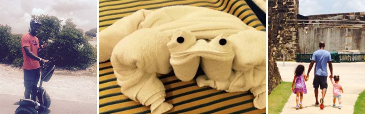 banner with images of man riding Segway, frog towel animal and father and daughters holding hands