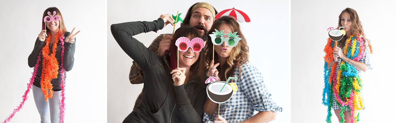 Banner with images of women and man posing with props