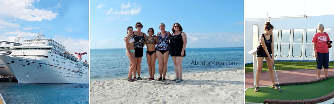 banner with images of carnival ship docked in water, group of women smiling on beach and women playing mini golf