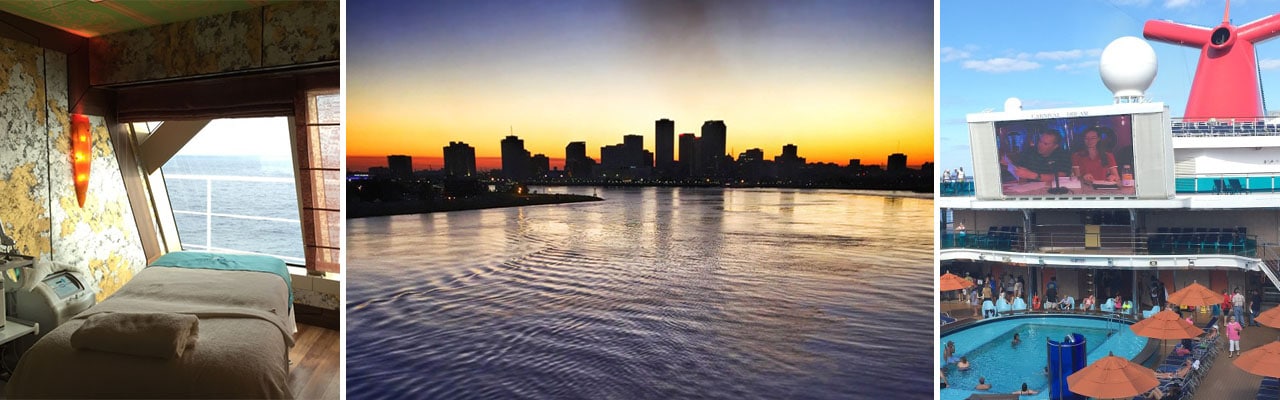 banner with images of carnival spa treatment room, sunset skyline over ocean and lido pool deck