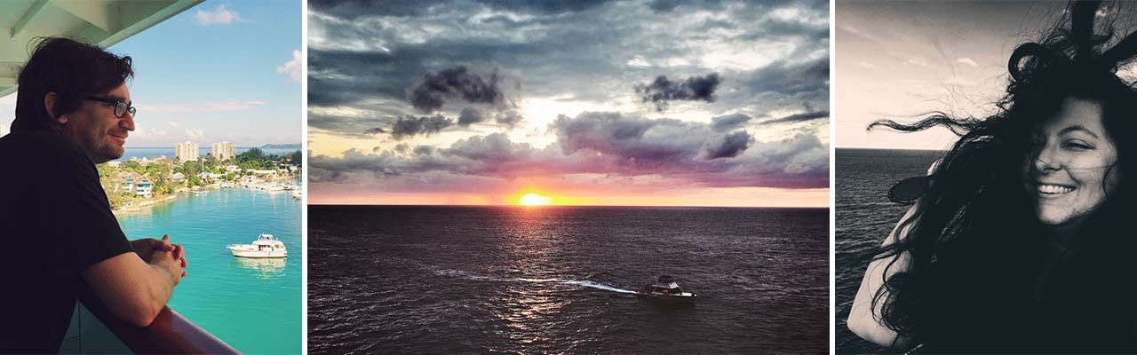 banner with images of man overlooking ocean, sunset ocean horizon and woman with hair blowing in wind