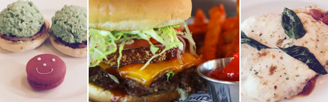 banner with images of green eggs and ham breakfast, guy's burger joint food and chicken parmesan