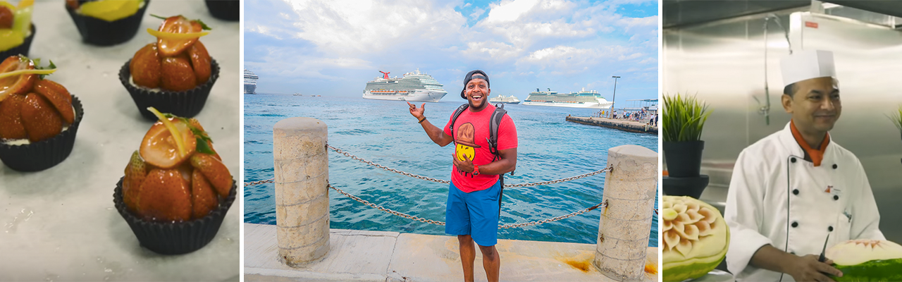 banner with images of onboard gourmet food man posing in front of water and ship and chef onboard carnival ship