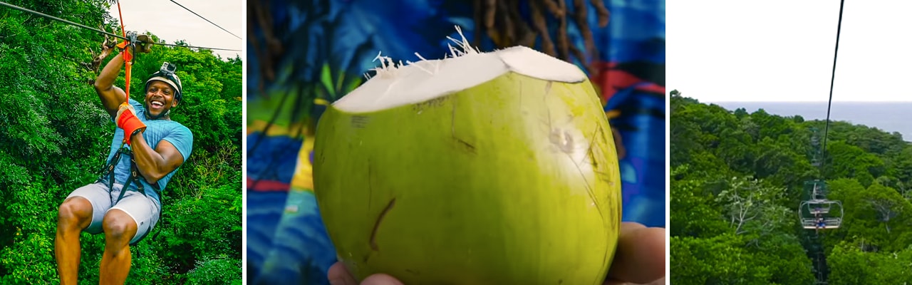banner with images from Caribbean zip lining coconut drink and lush trees